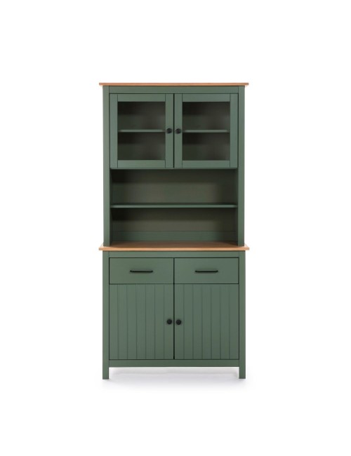 Credenza alta con vetrina Miranda in legno massiccio colore verde e rovere 90x40x180H - 4 ante e 2 cassetti