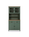 Credenza alta con vetrina Miranda in legno massiccio colore verde e rovere 90x40x180H - 4 ante e 2 cassetti