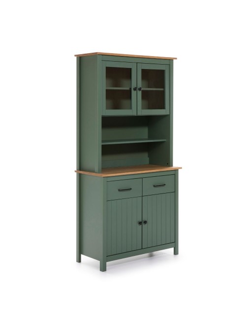 Credenza alta con vetrina Miranda in legno massiccio colore verde e rovere 90x40x180H - 4 ante e 2 cassetti