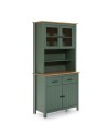 Credenza alta con vetrina Miranda in legno massiccio colore verde e rovere 90x40x180H - 4 ante e 2 cassetti