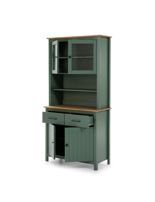 Credenza alta con vetrina Miranda in legno massiccio colore verde e rovere 90x40x180H - 4 ante e 2 cassetti