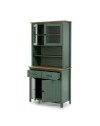 Credenza alta con vetrina Miranda in legno massiccio colore verde e rovere 90x40x180H - 4 ante e 2 cassetti