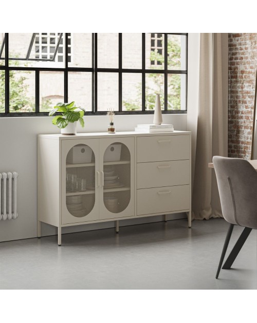 Credenza in metallo Diora crema con 2 ante reticolate e 3 cassetti – Design industriale, anima versatile