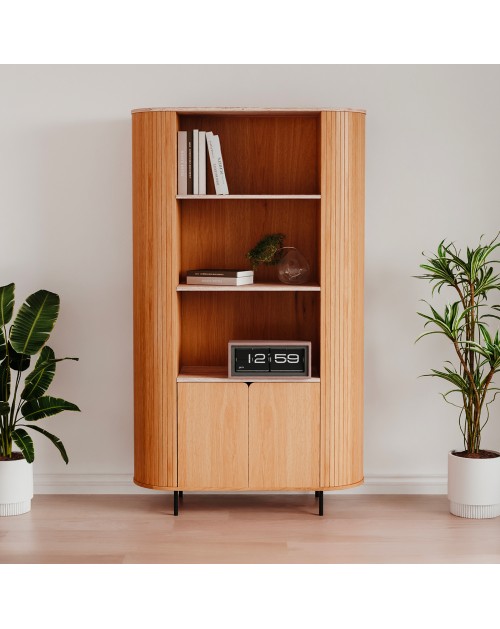 Credenza Fabia53A colore rovere oak con ripiani effetto travertino e laterali listellati 100 cm