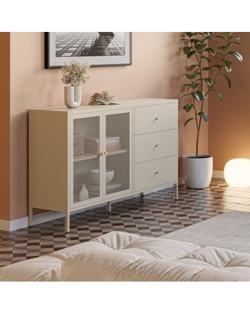 Credenza Fayna in metallo sabbia con 2 ante e 3 cassetti 140x40x90H Design industriale