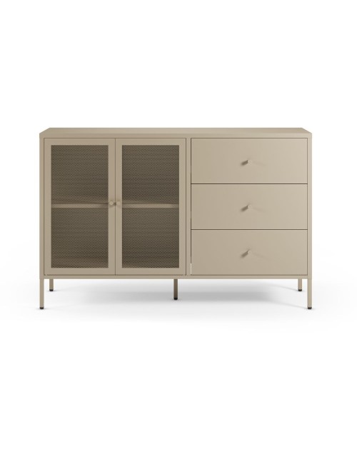 Credenza Fayna in metallo sabbia con 2 ante e 3 cassetti 140x40x90H Design industriale