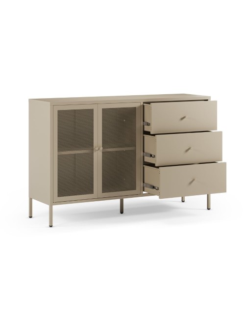 Credenza Fayna in metallo sabbia con 2 ante e 3 cassetti 140x40x90H Design industriale