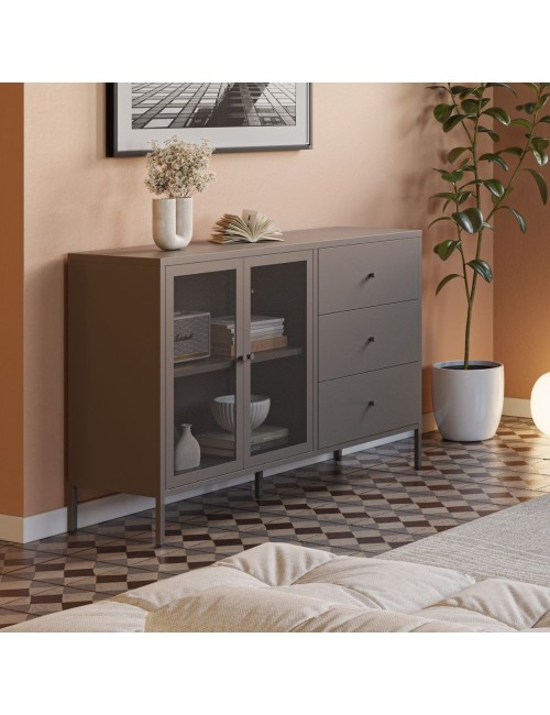 Credenza Fayna in metallo mocha con 2 ante e 3 cassetti 140x40x90H Design industriale