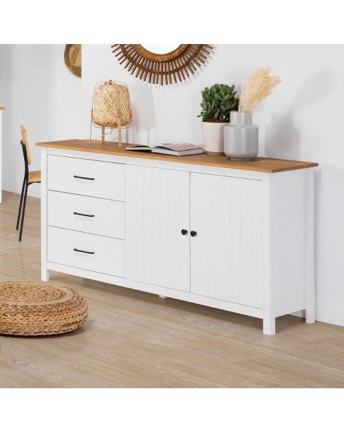 Credenza Miranda in legno massiccio colore bianco e pino 150x40x80H - 2 Ante e 3 cassetti