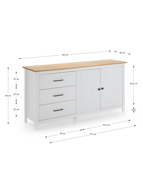 Credenza Miranda in legno massiccio colore bianco e pino 150x40x80H - 2 Ante e 3 cassetti