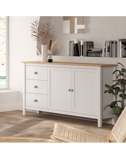 Credenza Misti bianco e rovere con 2 ante e 3 cassetti in legno massiccio 150x40x80H