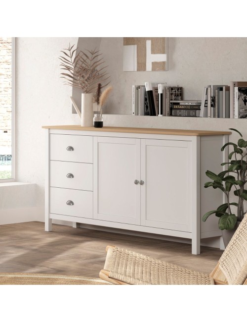 Credenza Misti bianco e rovere con 2 ante e 3 cassetti in legno massiccio 150x40x80H