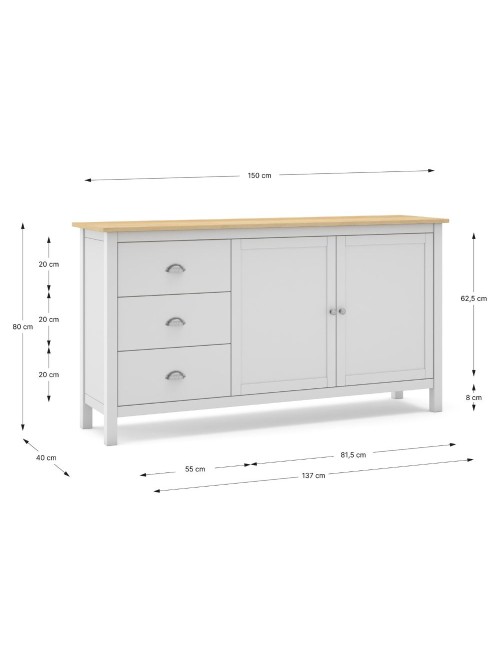 Credenza Misti bianco e rovere con 2 ante e 3 cassetti in legno massiccio 150x40x80H