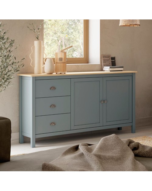 Credenza Misti verde cachi e rovere con 2 ante e 3 cassetti in legno massiccio 150x40x80H