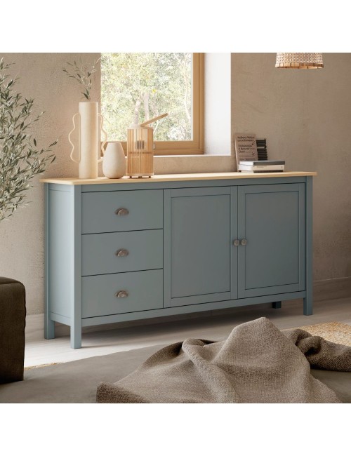 Credenza Misti verde cachi e rovere con 2 ante e 3 cassetti in legno massiccio 150x40x80H