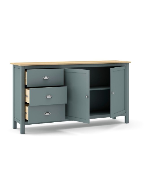 Credenza Misti verde cachi e rovere con 2 ante e 3 cassetti in legno massiccio 150x40x80H
