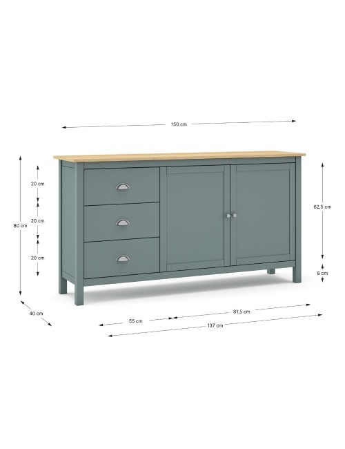 Credenza Misti verde cachi e rovere con 2 ante e 3 cassetti in legno massiccio 150x40x80H