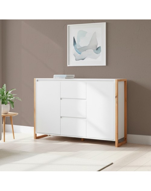 Credenza New Denver2 con 3 cassetti e 2 ante bianco e rovere 120x40x88H
