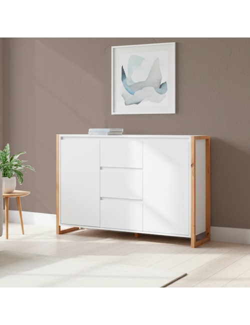 Credenza New Denver2 con 3 cassetti e 2 ante bianco e rovere 120x40x88H