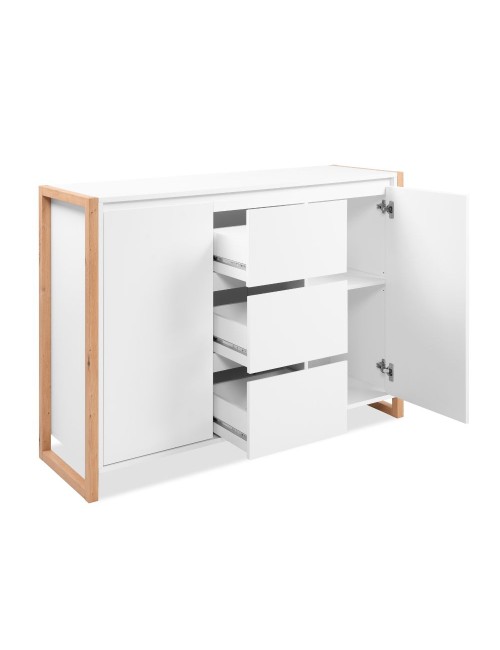Credenza New Denver2 con 3 cassetti e 2 ante bianco e rovere 120x40x88H