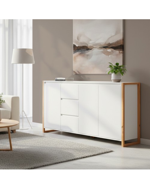Credenza New Denver3 con 3 cassetti e 3 ante bianco e rovere 160x40x88H