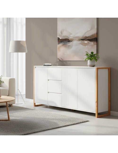 Credenza New Denver3 con 3 cassetti e 3 ante bianco e rovere 160x40x88H