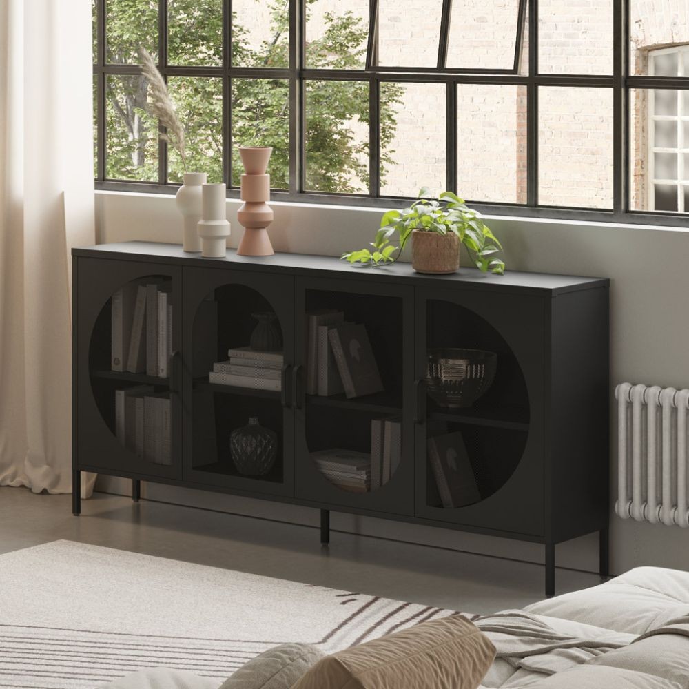 Credenza in metallo Tayra con 4 ante reticolate nero 160x40x90H – Stile moderno e anima industrial