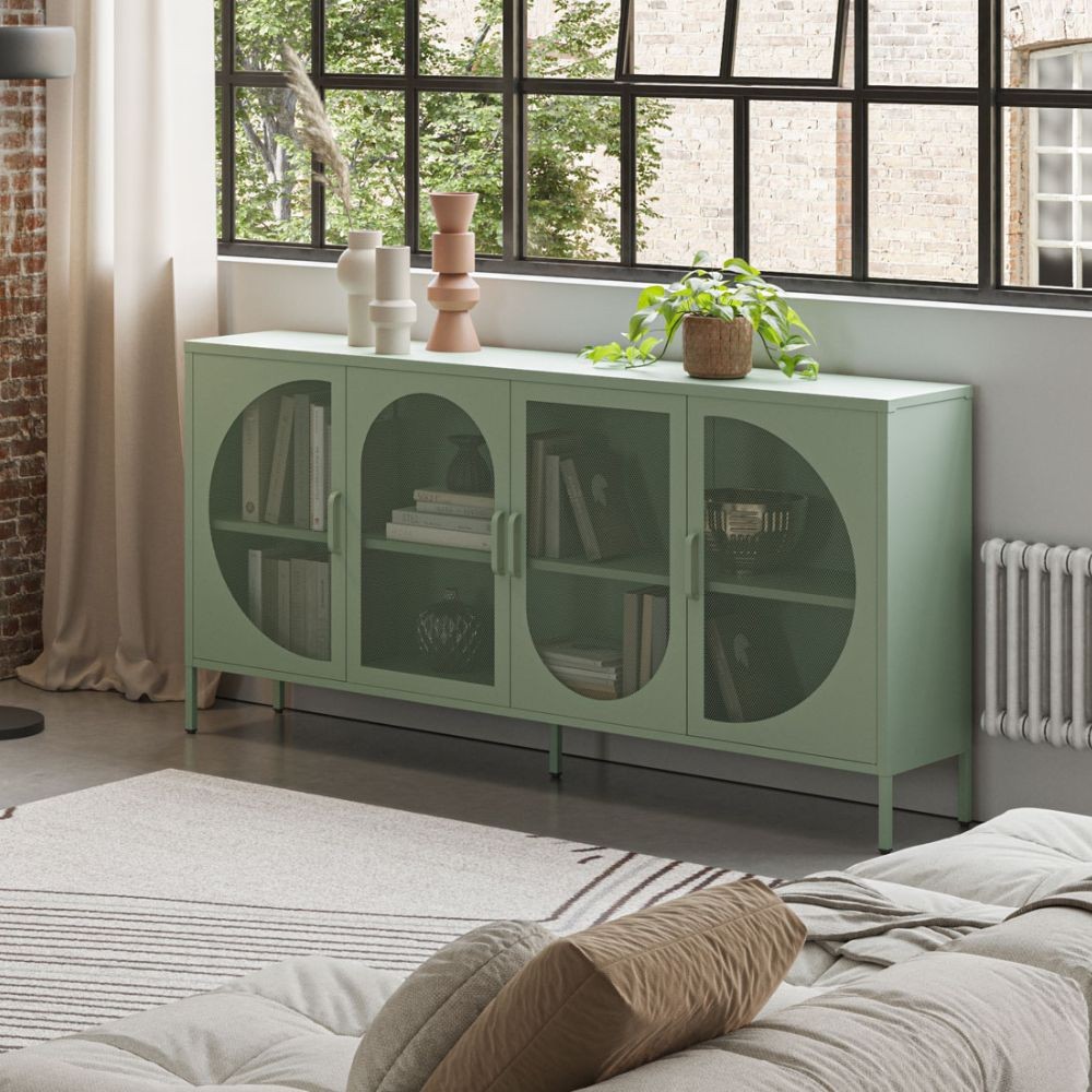 Credenza in metallo Tayra con 4 ante reticolate verde 160x40x90H – Stile moderno e anima industrial