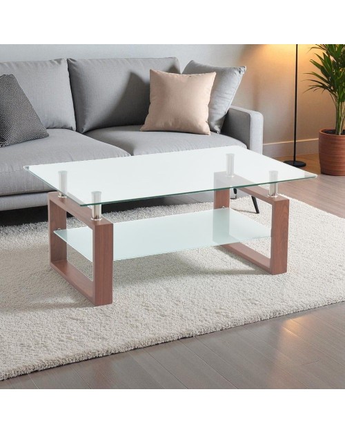 Tavolino da salotto Tally con doppio piano in vetro e gambe effetto legno noce