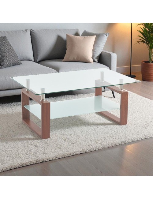 Tavolino da salotto Tally con doppio piano in vetro e gambe effetto legno noce