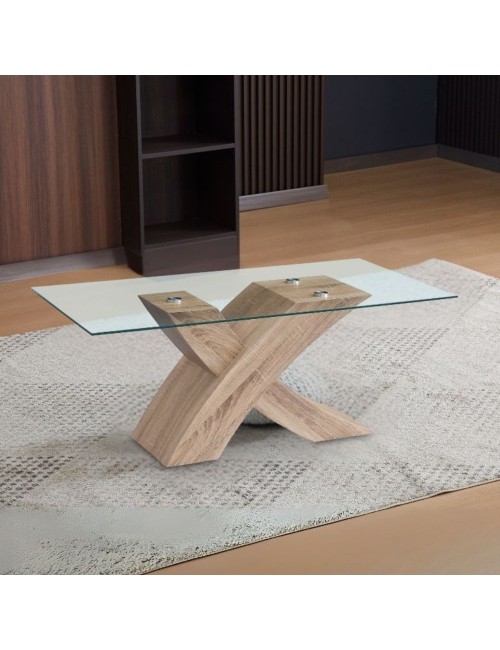 Tavolino da salotto Shiva piano in vetro e base rovere a incrocio 110x60x45H