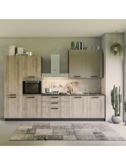 Cucina 330 cm Rovere Rustico e Tortora Lucido Durazzo Glam Sinistra