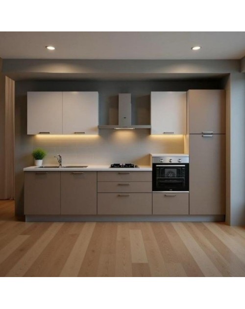 Cucina lineare completa di elettrodomestici basi tortora e pensili bianchi Luna destra 330