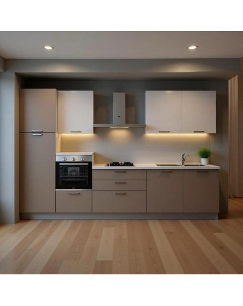 Cucina lineare completa di elettrodomestici basi tortora e pensili bianchi Luna sinistra 330