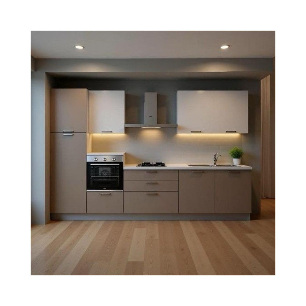 Cucina lineare completa di elettrodomestici basi tortora e pensili bianchi Luna sinistra 330