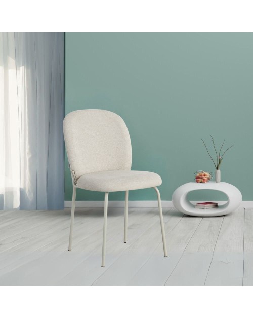 Set 4 Sedia imbottita Turi in tessuto ecrù e gambe in metallo