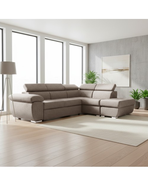 Divano Letto Angolare Fiona con Penisola Destra e Pouf Contenitore – Tortora
