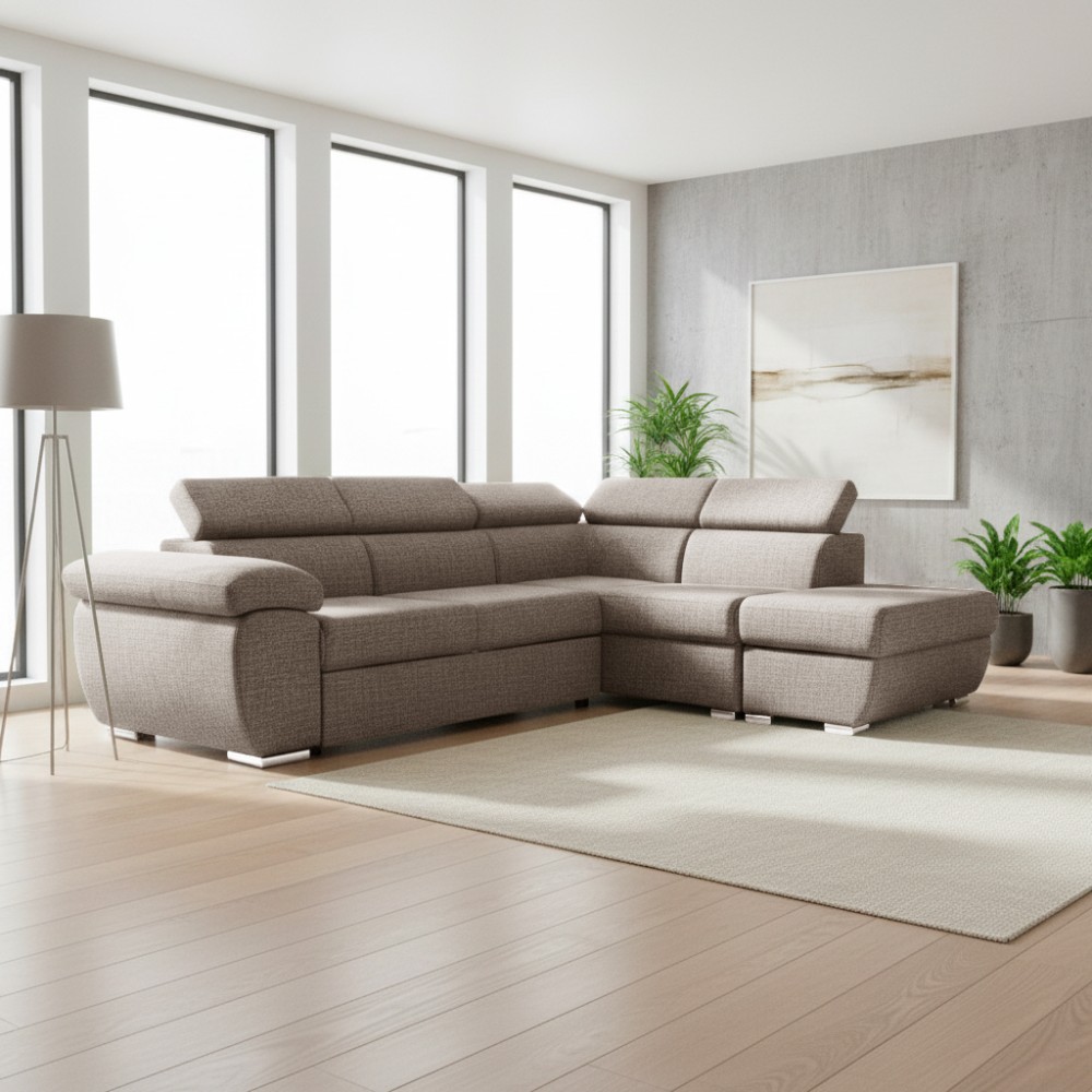 Divano Letto Angolare Fiona con Penisola Destra e Pouf Contenitore – Tortora