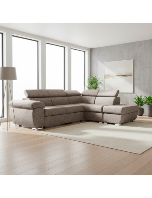 Divano Letto Angolare Fiona con Penisola Destra e Pouf Contenitore – Tortora
