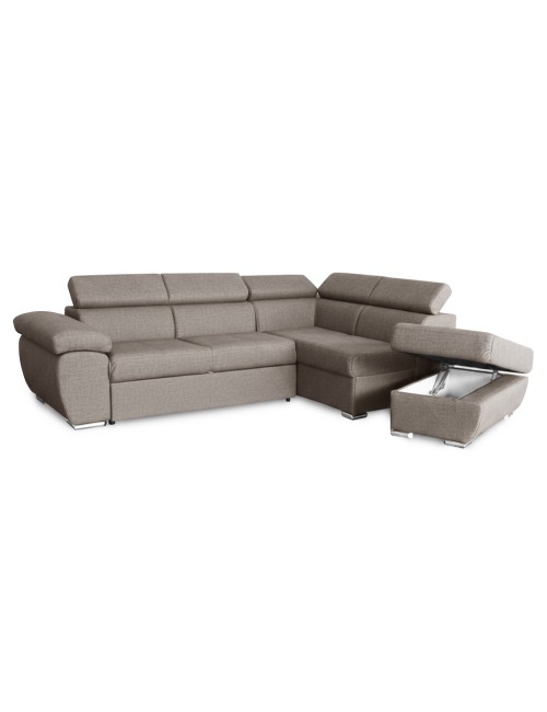 Divano Letto Angolare Fiona con Penisola Destra e Pouf Contenitore – Tortora