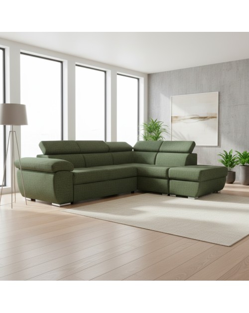 Divano Letto Angolare Fiona con Penisola Destra e Pouf Contenitore – Verde Oliva