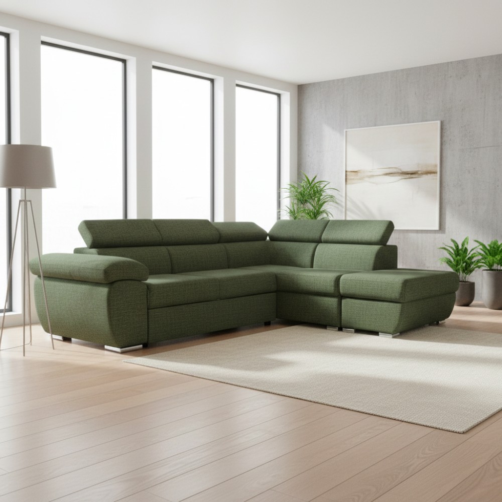 Divano Letto Angolare Fiona con Penisola Destra e Pouf Contenitore – Verde Oliva