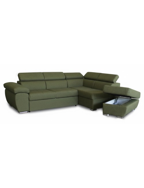 Divano Letto Angolare Fiona con Penisola Destra e Pouf Contenitore – Verde Oliva