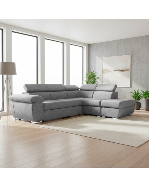 Divano Letto Angolare Fiona con Penisola Destra e Pouf Contenitore – Grigio