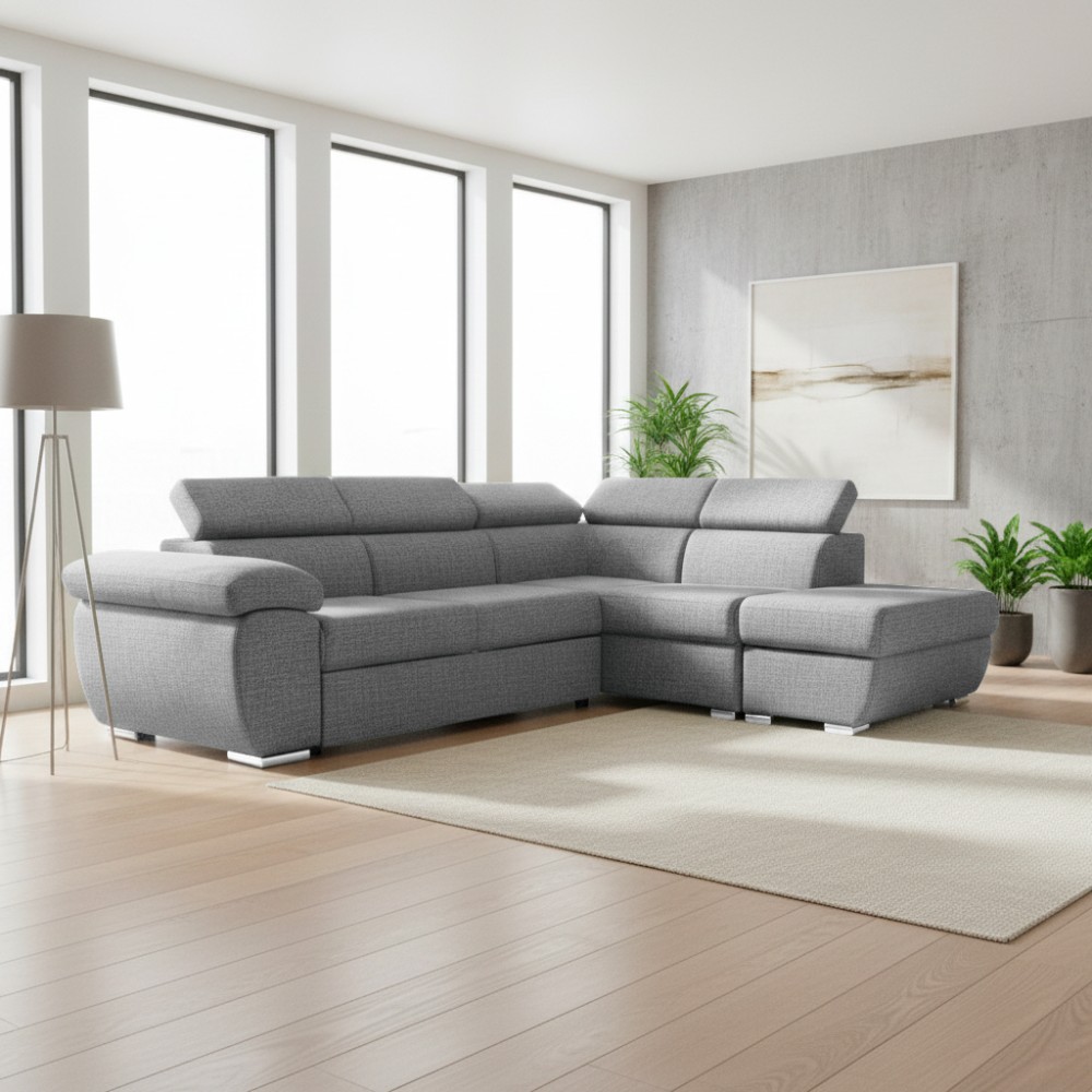 Divano Letto Angolare Fiona con Penisola Destra e Pouf Contenitore – Grigio