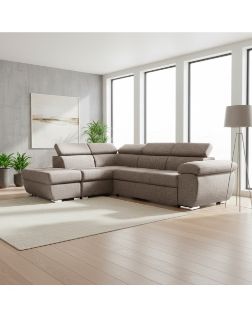 Divano Letto Angolare Fiona con Penisola Sinistra e Pouf Contenitore – Tortora