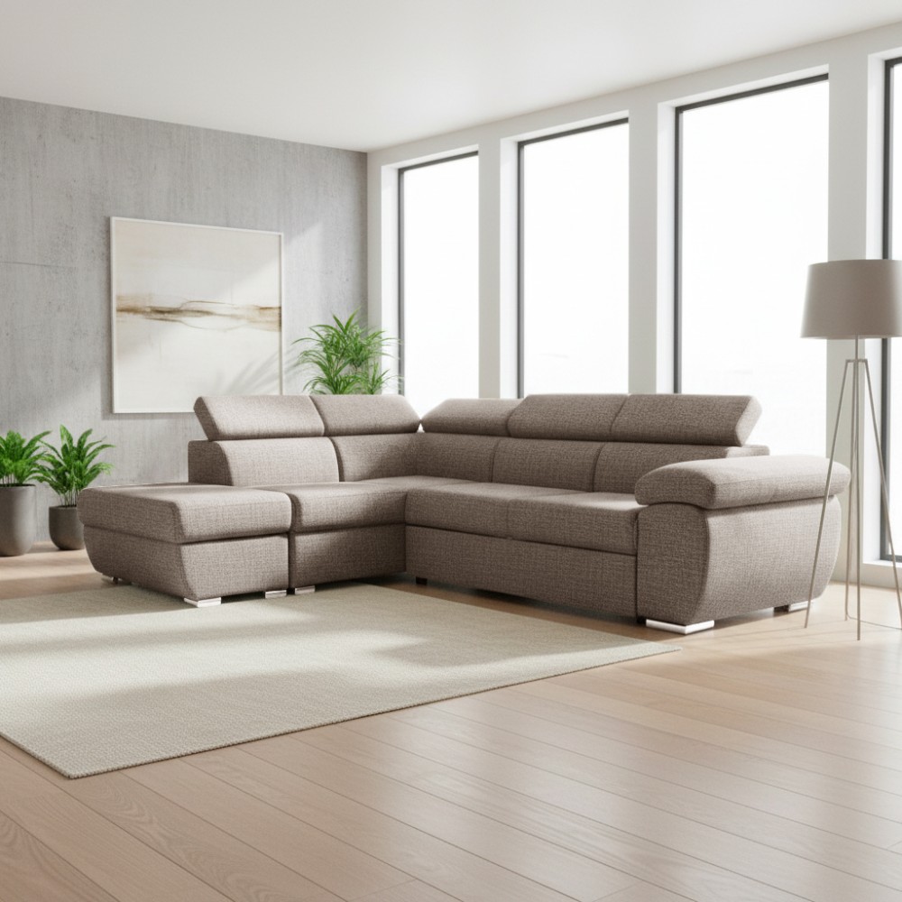 Divano Letto Angolare Fiona con Penisola Sinistra e Pouf Contenitore – Tortora