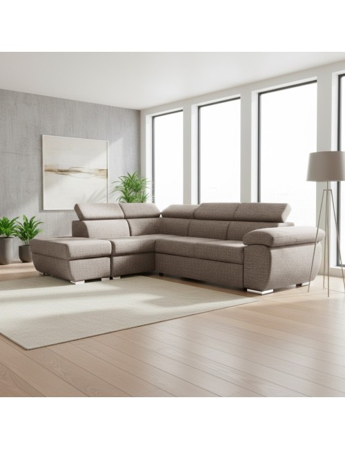 Divano Letto Angolare Fiona con Penisola Sinistra e Pouf Contenitore – Tortora