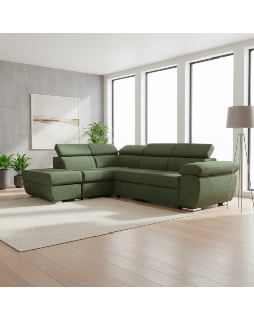 Divano Letto Angolare Fiona con Penisola Sinistra e Pouf Contenitore – Verde Oliva