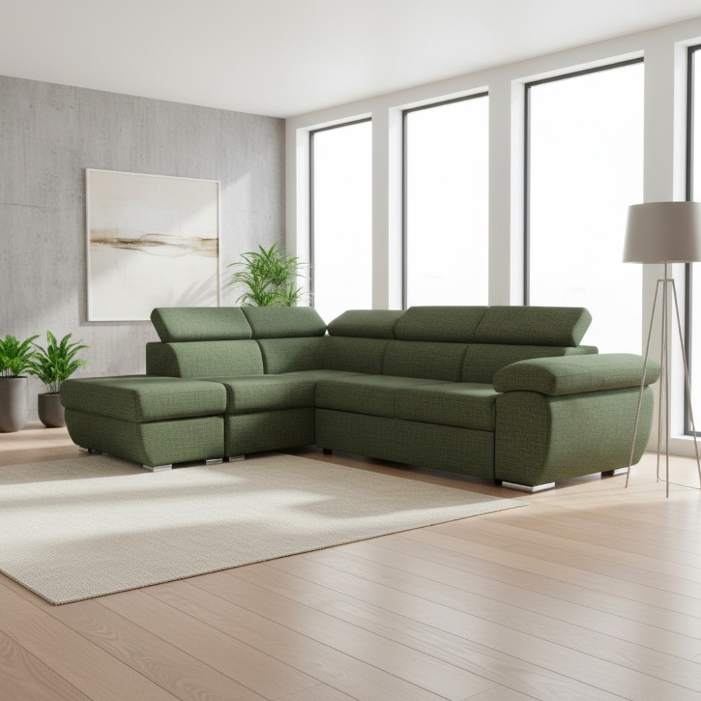 Divano Letto Angolare Fiona con Penisola Sinistra e Pouf Contenitore – Verde Oliva